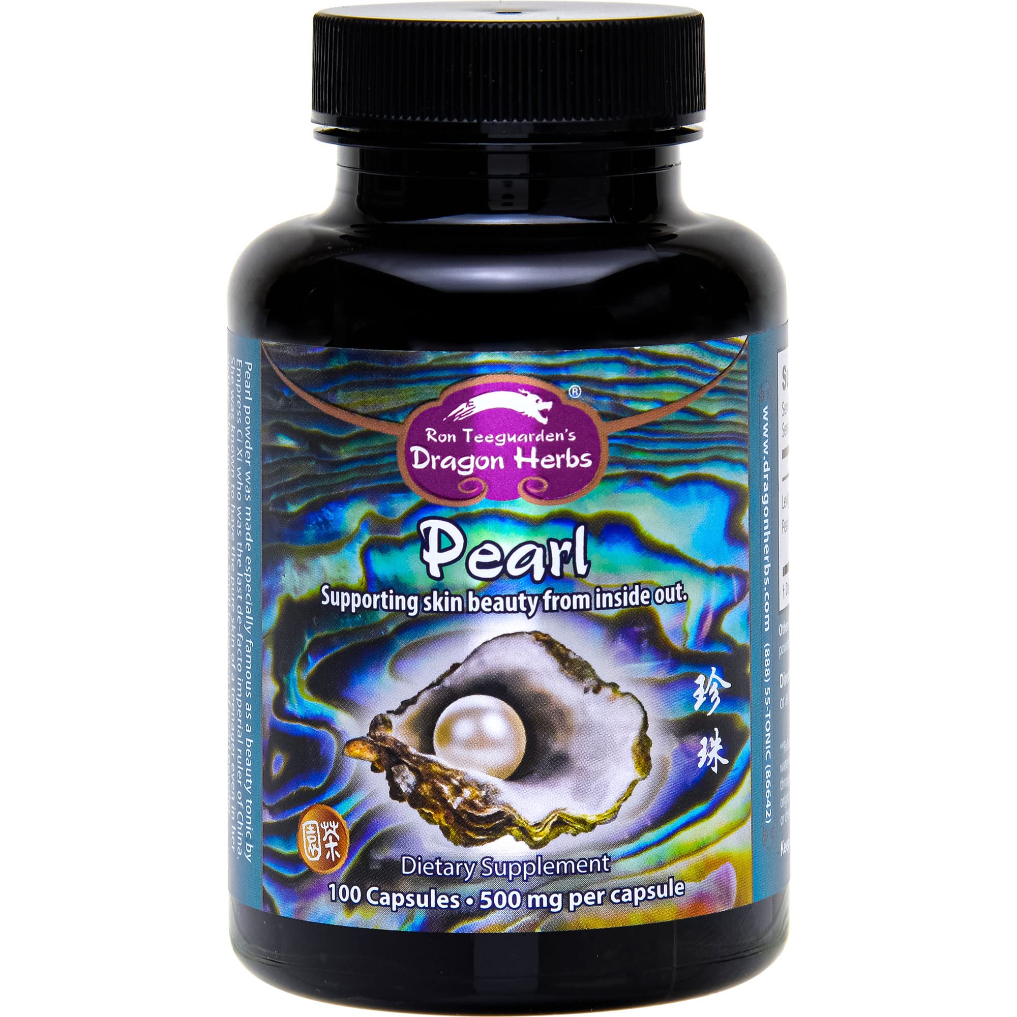 Dragon Herbs Pearl Powder capsules in bottle suggest radiant skin support.