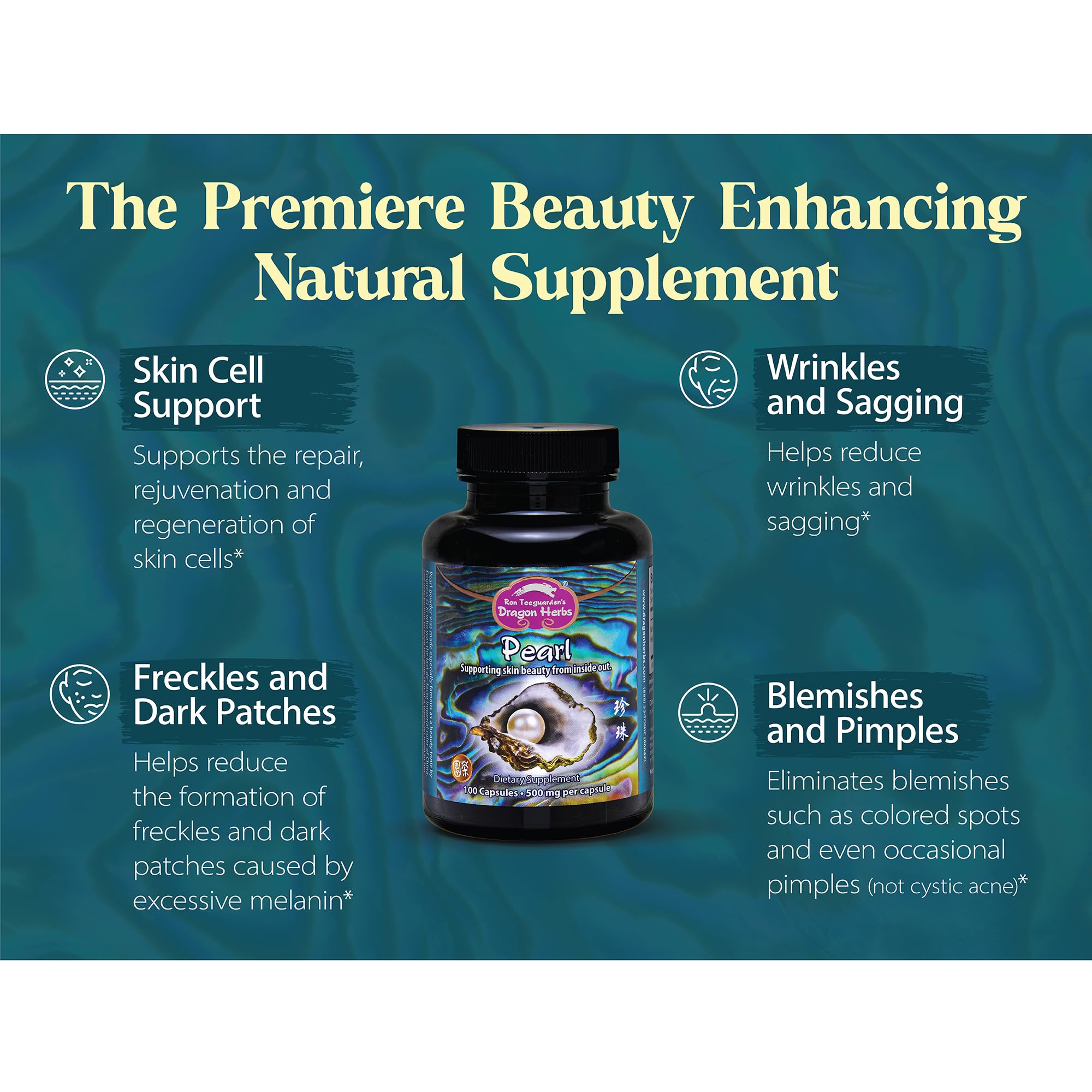 Dragon Herbs Pearl Powder capsules on desk highlight eye health and nail beauty.