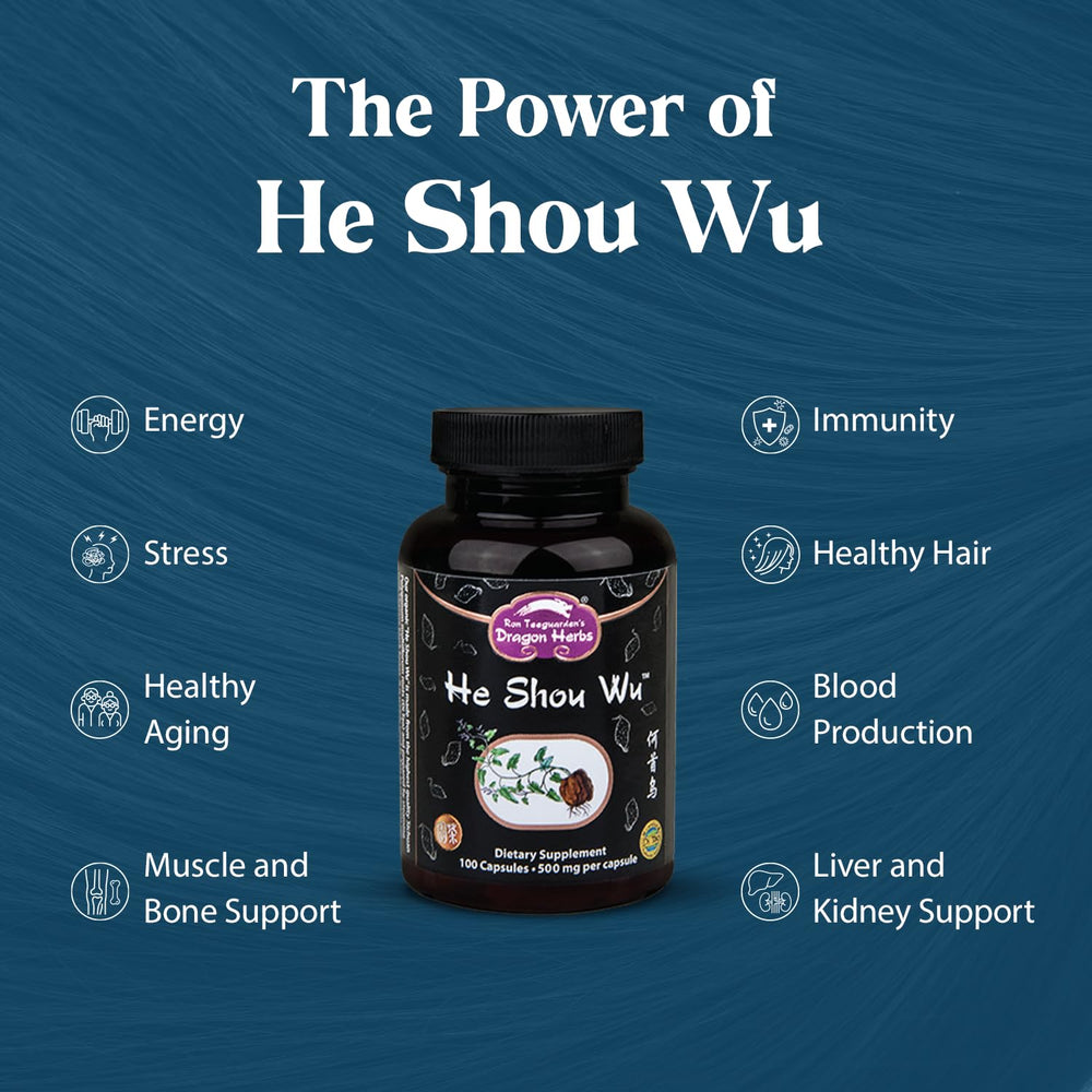 Dragon Herbs prepared He Shou Wu capsules label close-up showing preparation method.