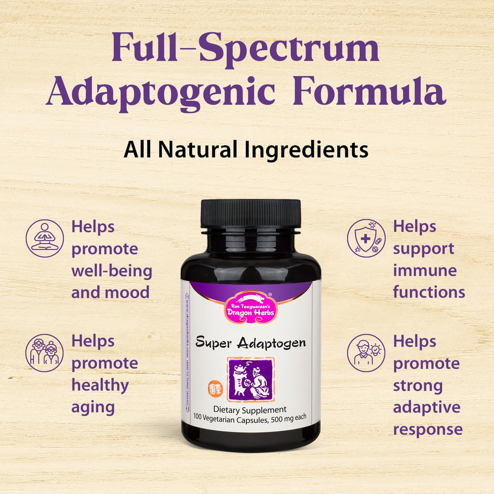 Dragon Herbs Super Adaptogen bottle closeup highlighting potent adaptogenic herbs.