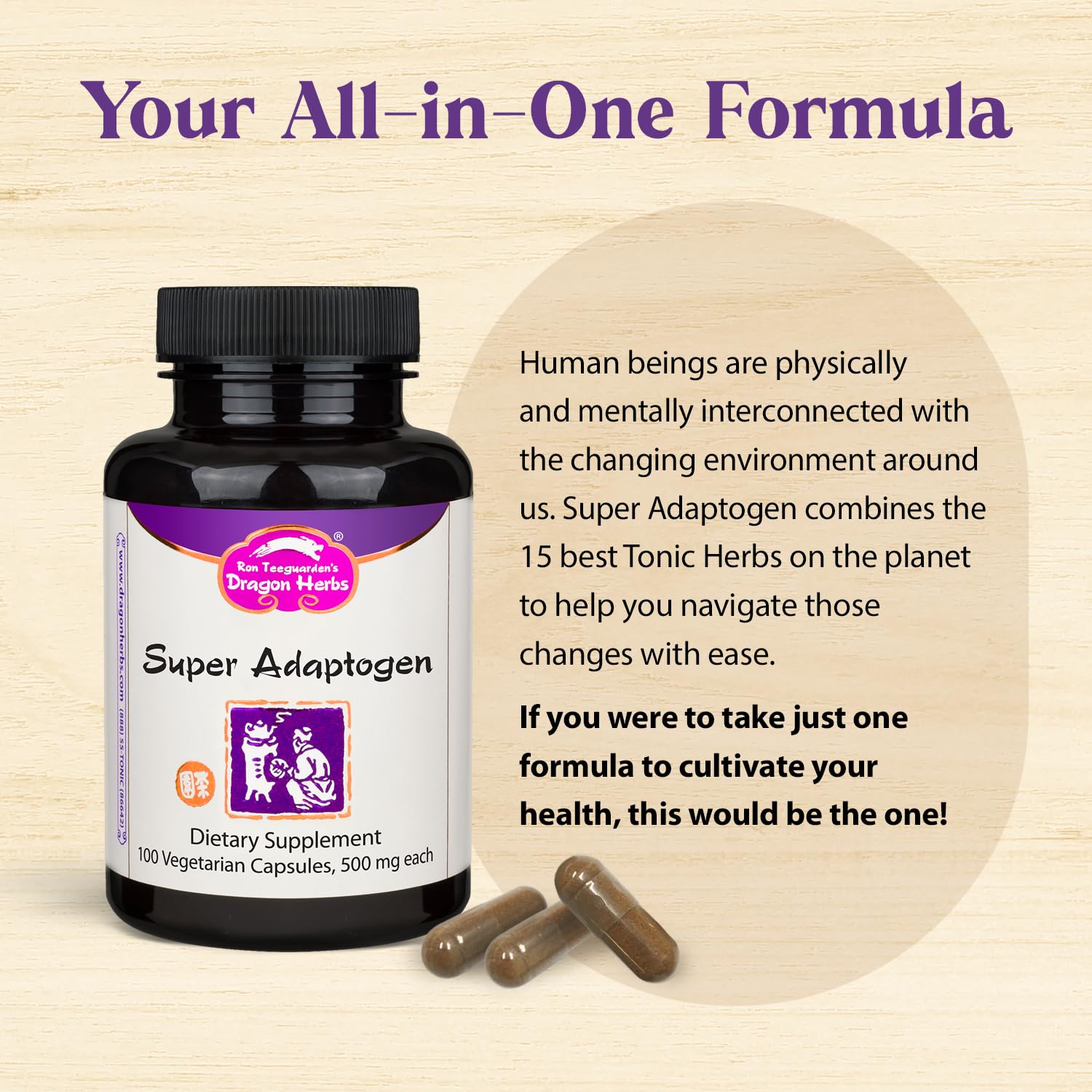 Dragon Herbs Super Adaptogen ingredients panel shows 16 tonic herbs.