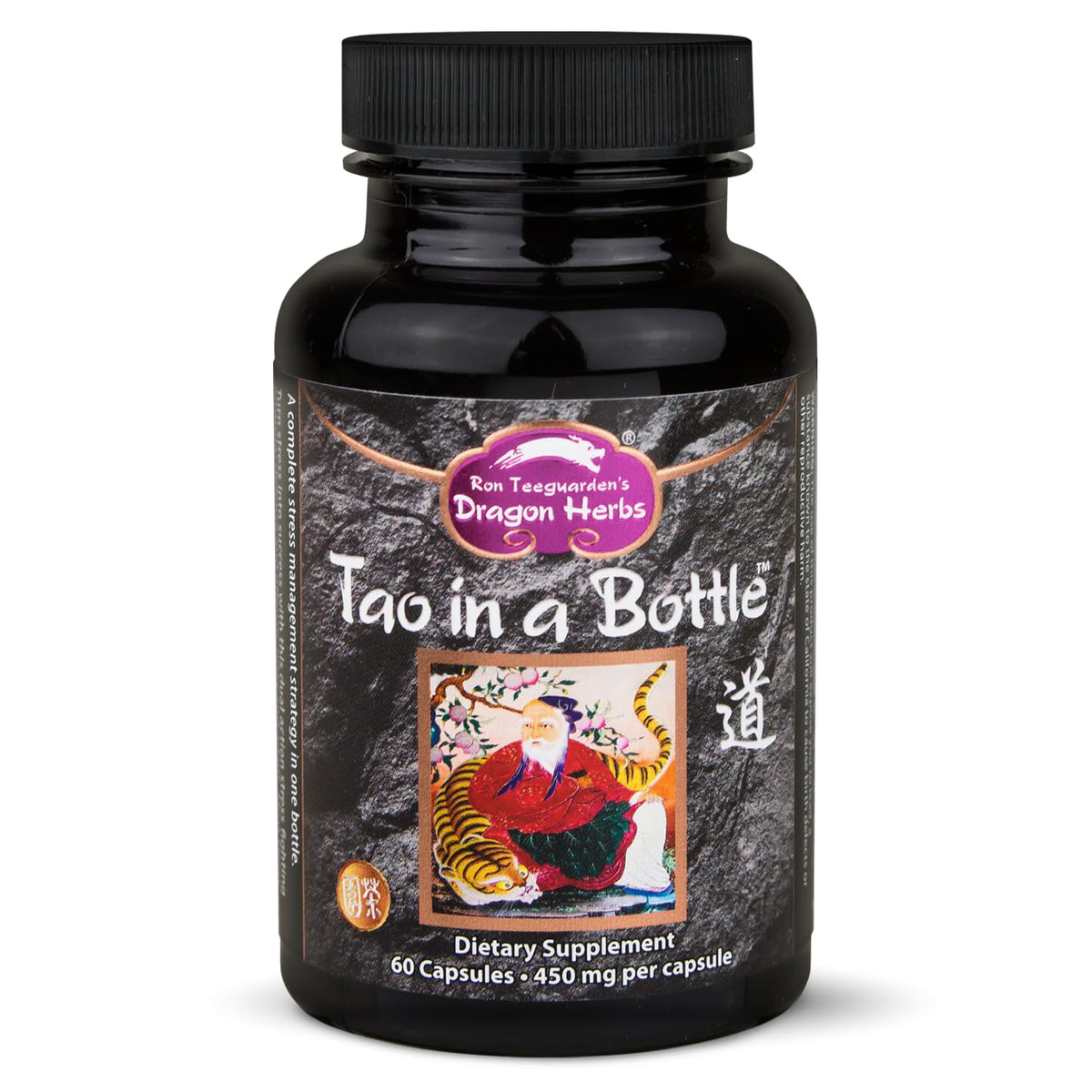 Dragon Herbs Tao in a Bottle capsules bottle label promoting calm focus