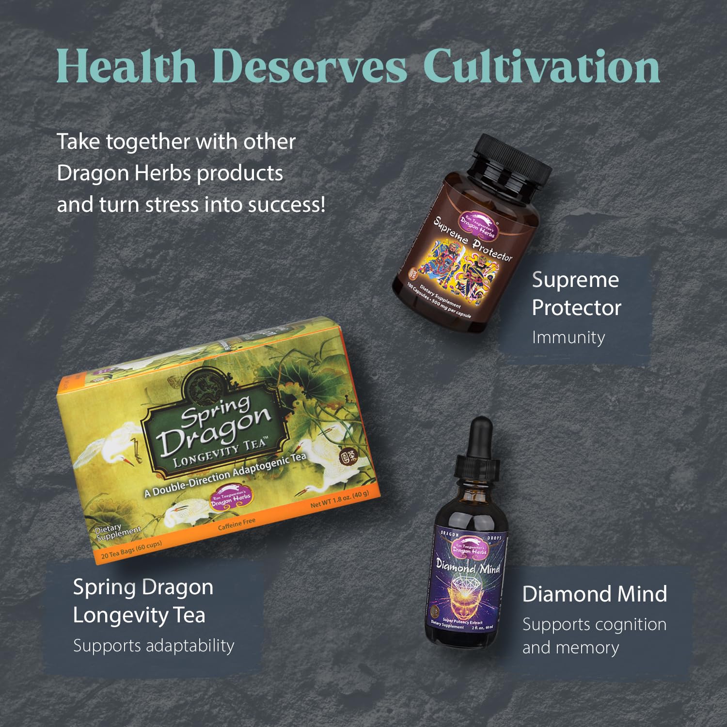 Dragon Herbs Tao in a Bottle capsules hero shot suggesting peaceful alertness