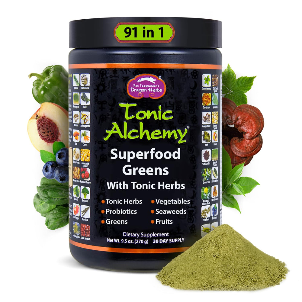 Dragon Herbs Tonic Alchemy greens powder jar with scoop for daily energy and nutrition