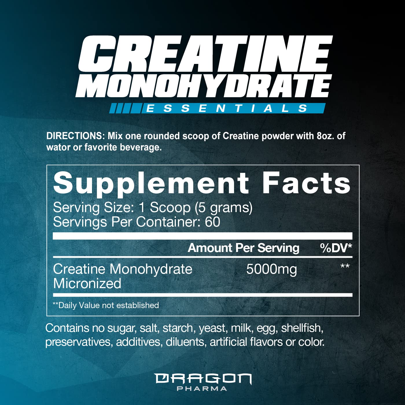 Dragon Pharma Creatine Monohydrate bottle label highlighting purity and servings.