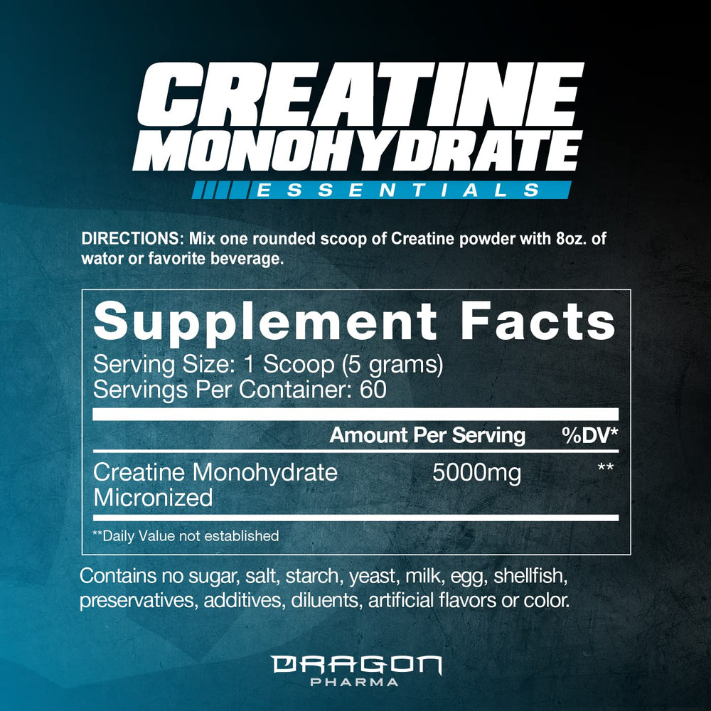 Dragon Pharma Creatine Monohydrate bottle label highlighting purity and servings.