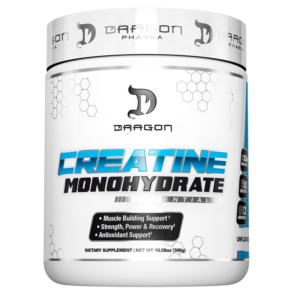 Dragon Pharma Creatine Monohydrate powder unflavored for clean strength support.