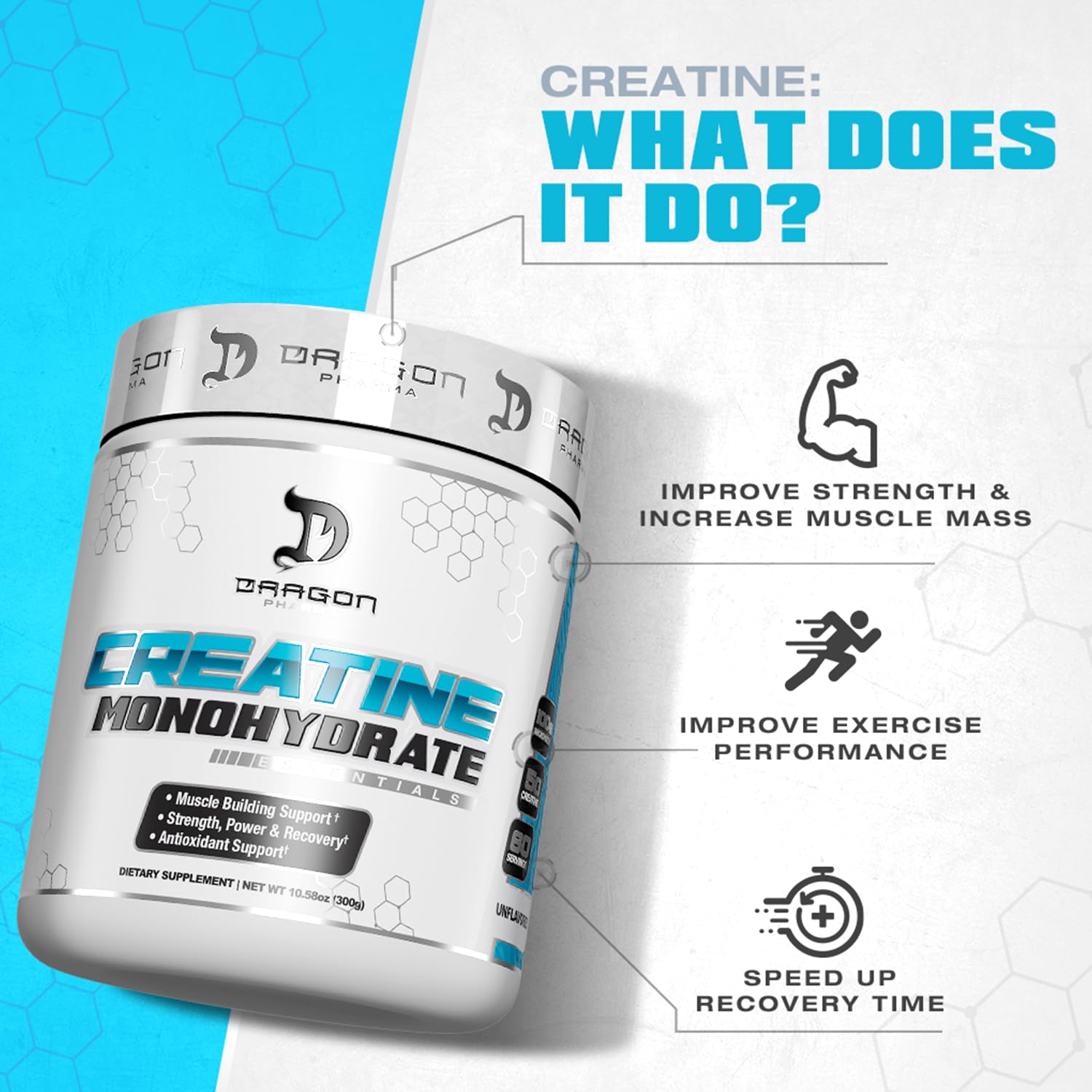 Dragon Pharma Creatine Monohydrate precise-measure scoop for accurate dosing.