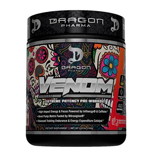 DRAGON PHARMA Venom Extreme preworkout shaker pouring for easy mixing and use.