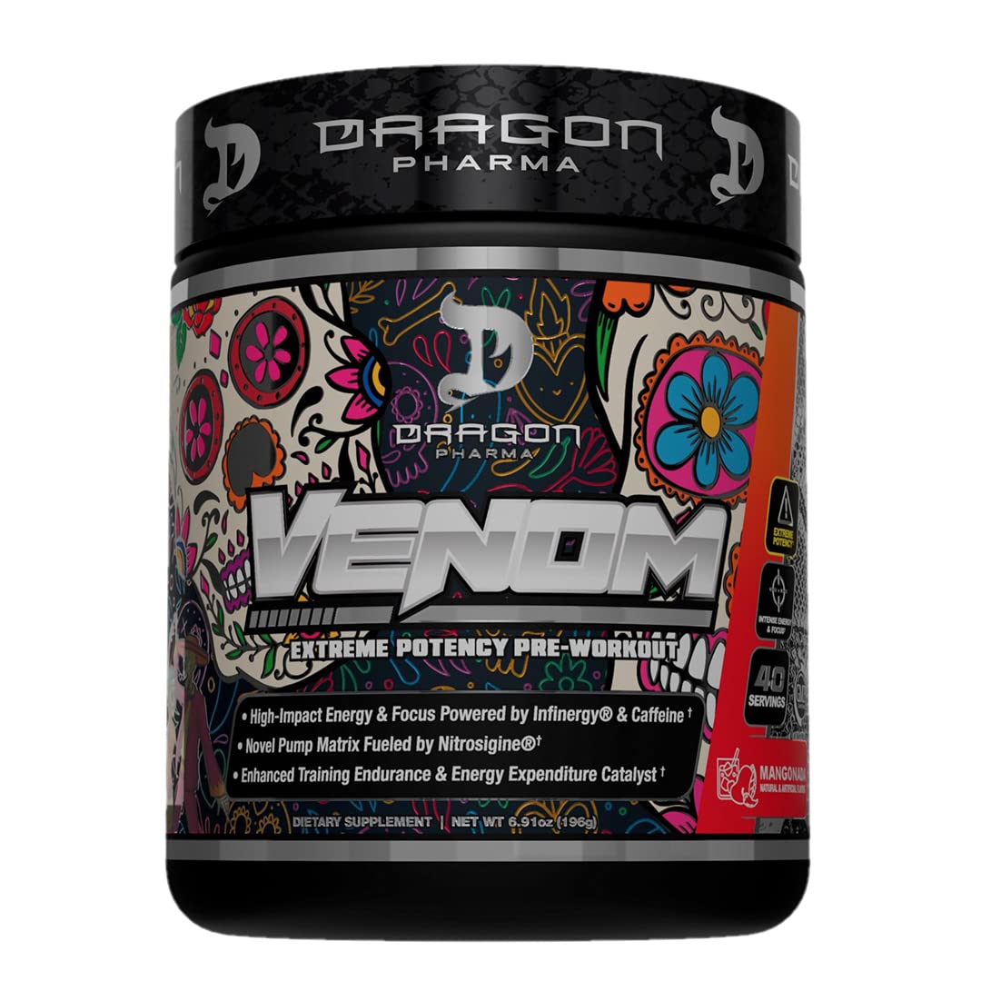 DRAGON PHARMA Venom Extreme tub front view with Mangonada flavor for powerful workouts.