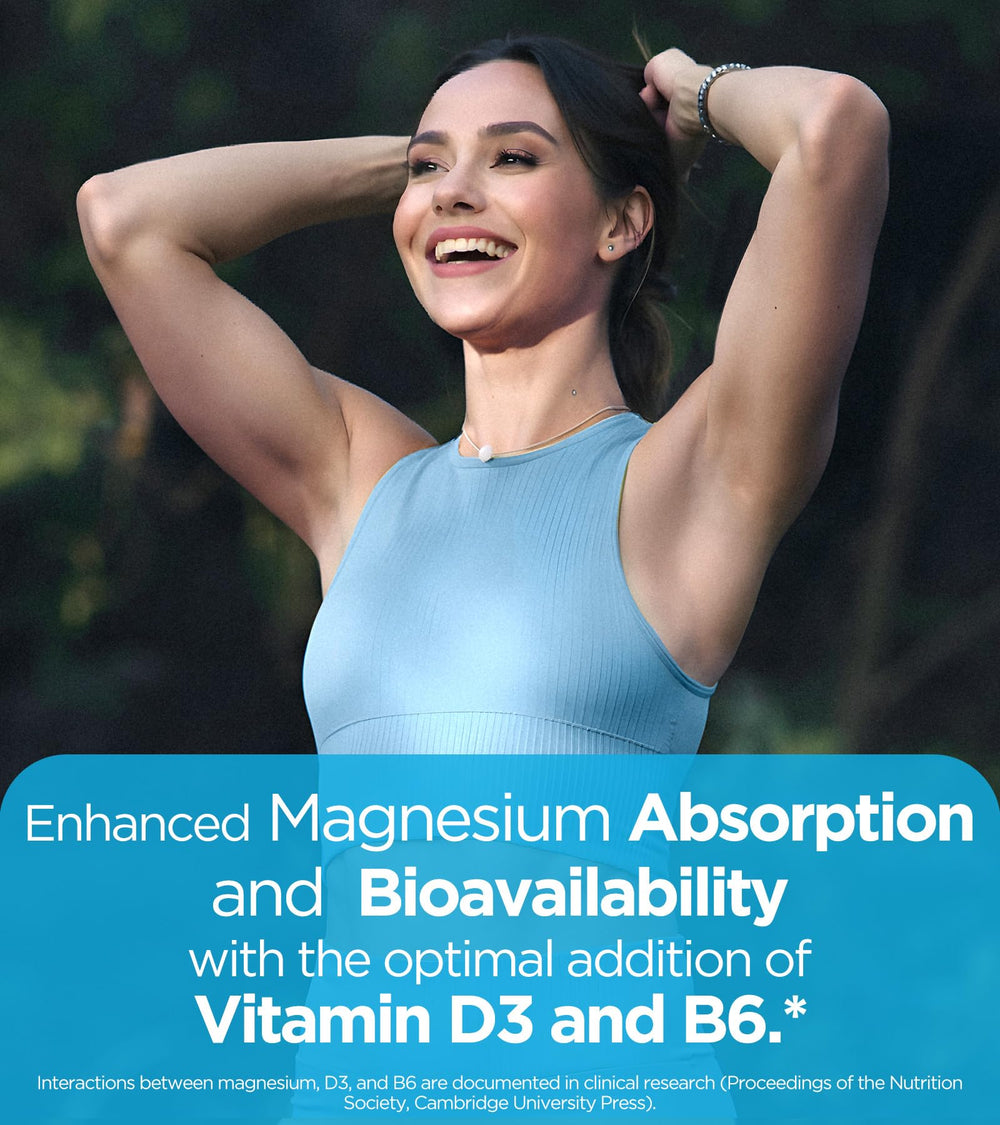 Drallot Quadruple Magnesium bottle pouring capsules into a glass, convenient daily use.