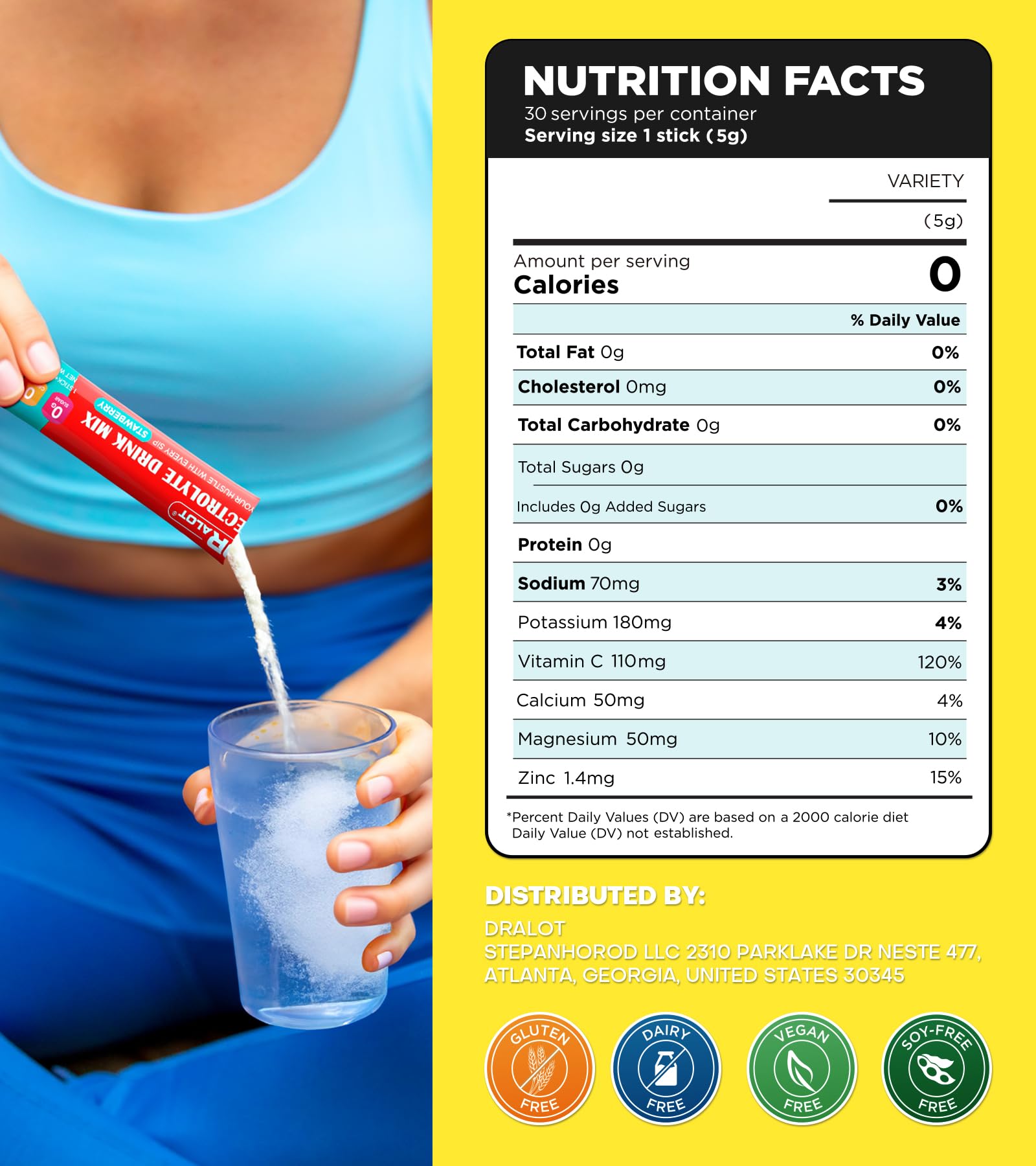 Dralot Juicy Splash delivers 70 mg sodium per serving for balanced hydration.