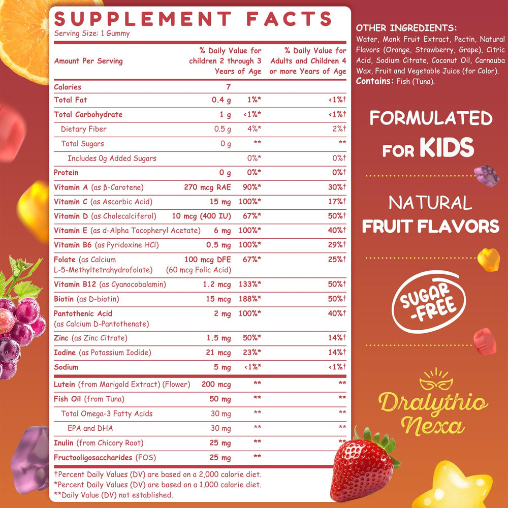 DRALYTHIO NEXA daily routine image invites kids to enjoy gummies with meals.