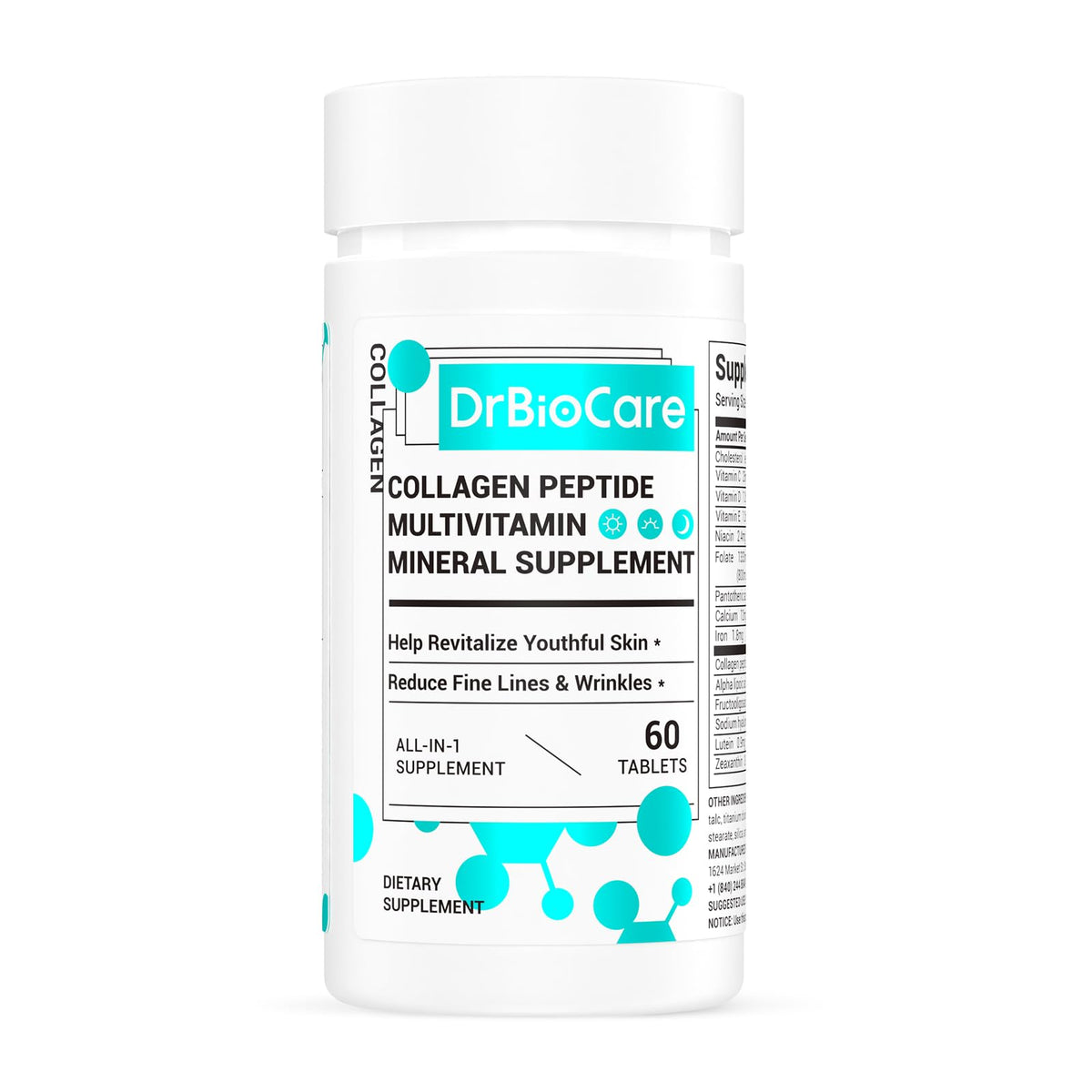 DrBioCare Collagen Peptides bottle close-up highlighting skin hydration and elasticity.