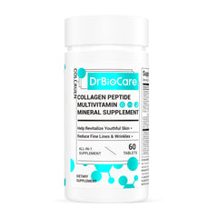 DrBioCare Collagen Peptides bottle close-up highlighting skin hydration and elasticity.