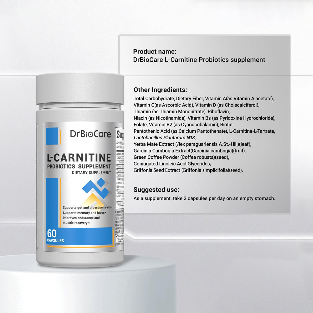 DrBioCare L-Carnitine Probiotics bottle close-up, emphasizing 60 capsules.