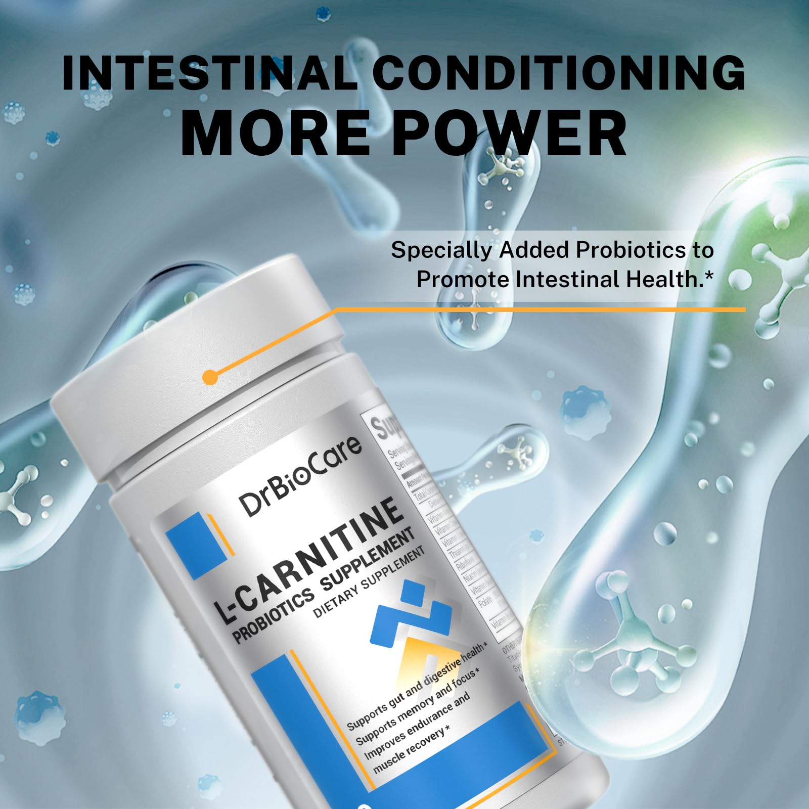 DrBioCare L-Carnitine Probiotics on a morning table with water for routine use.