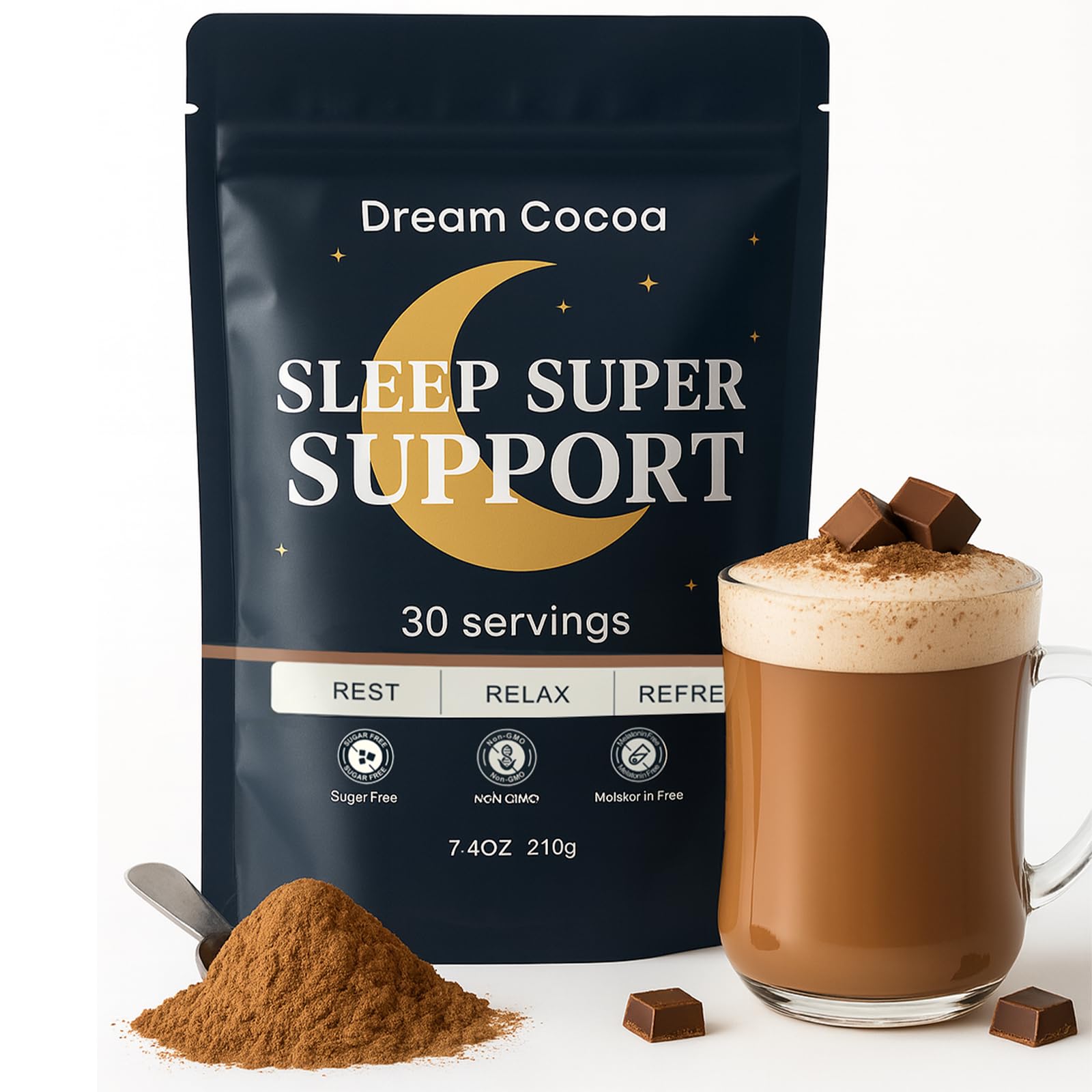 Dream Cocoa magnesium hot cocoa bottle serving for a soothing night ritual