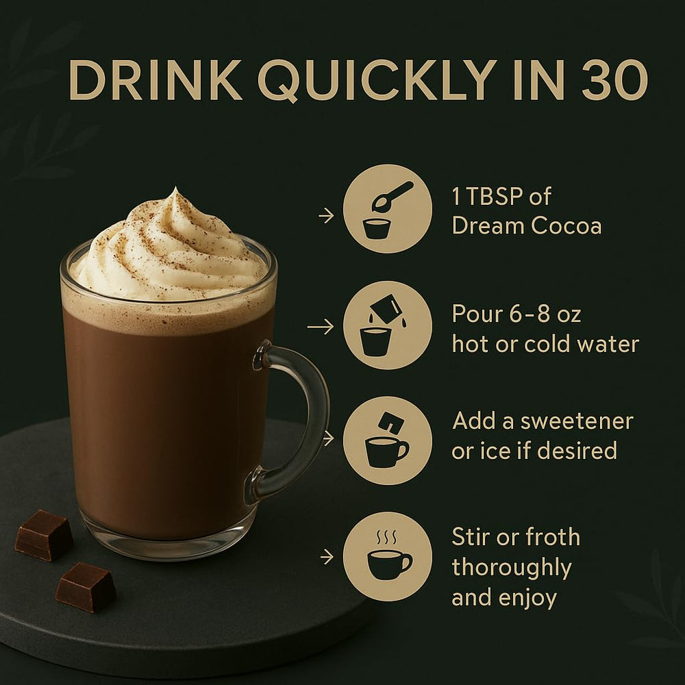 Dream Cocoa night-time ritual with 30 servings highlighted on label