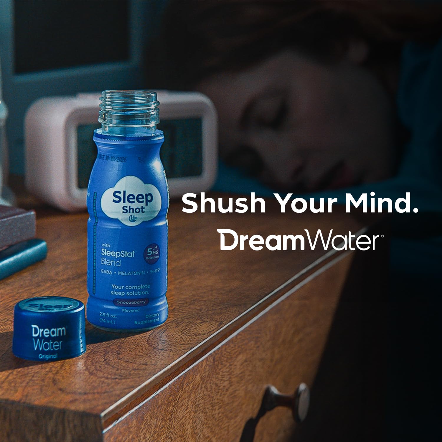 Dream Water Snoozeberry ingredients label highlighting GABA, Melatonin, 5-HTP blend