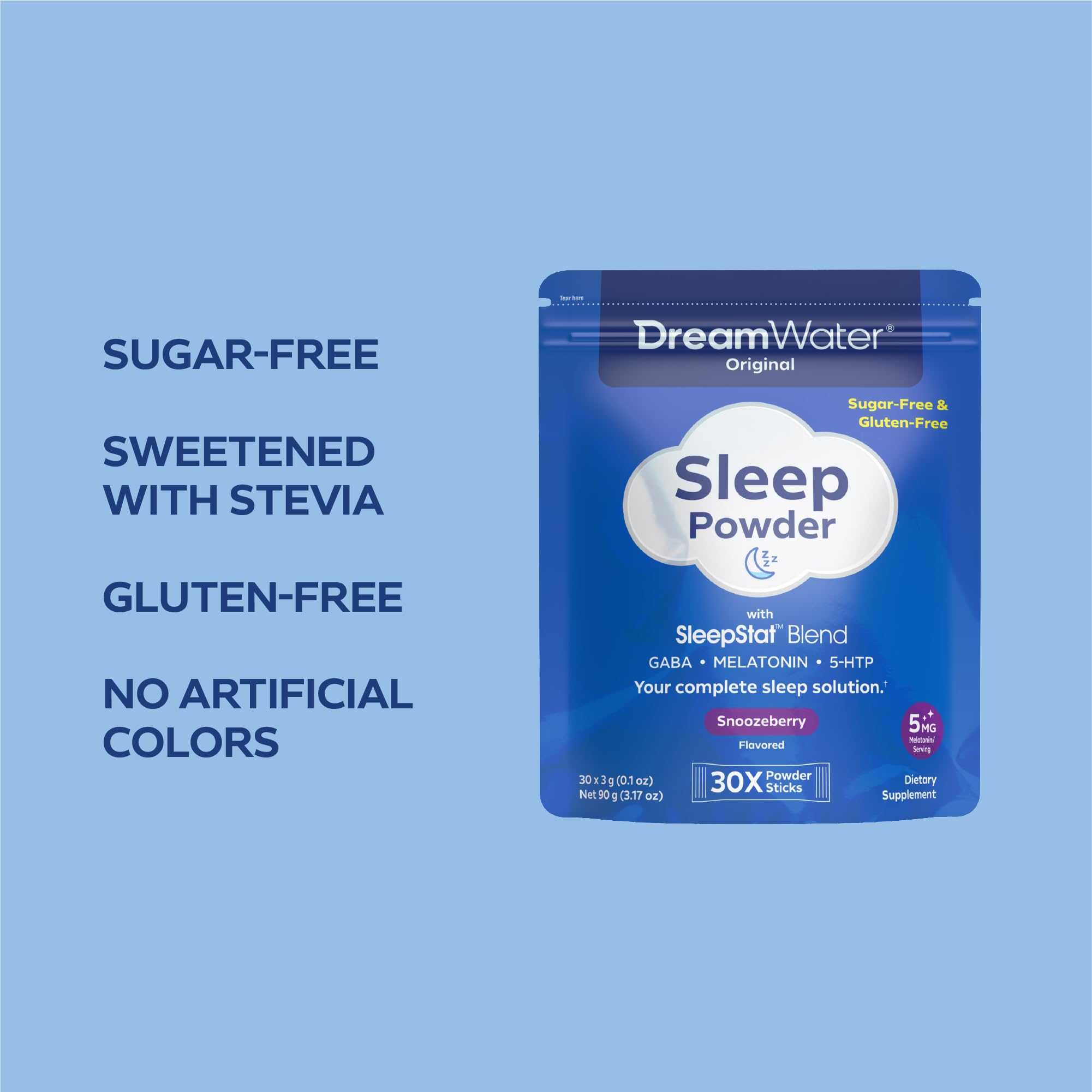 Dream Water Snoozeberry powder added to cold water for a refreshing sleep-ready drink