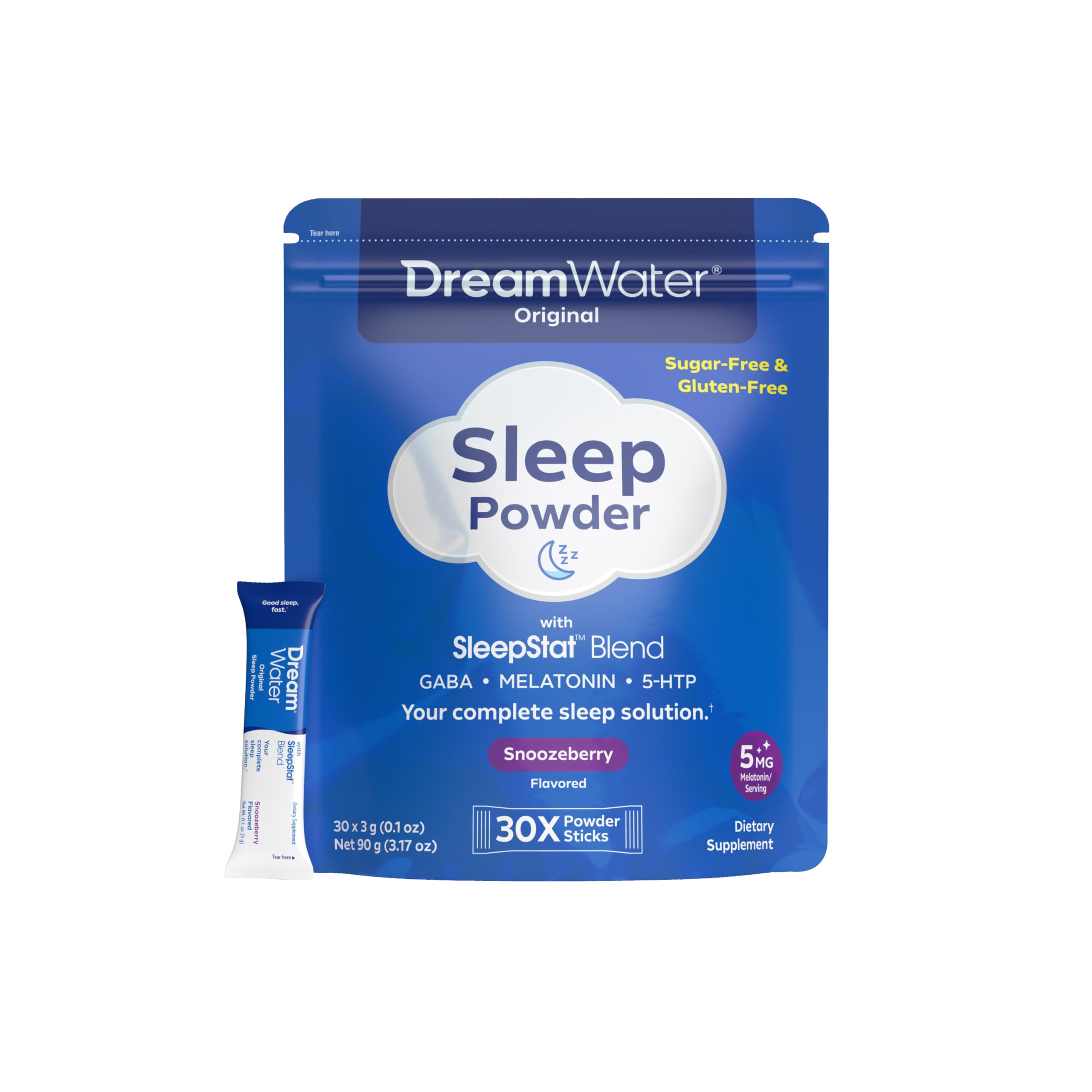 Dream Water Snoozeberry powder stick ready to mix for quick relaxation and restful sleep