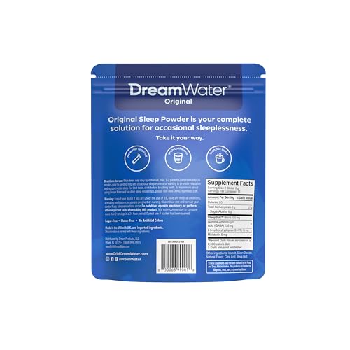 Dream Water Snoozeberry powder stick beside a glass of water for travel-friendly sleep support