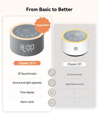 Dreamegg D1+ sound options panel demonstrates 29 soothing sounds.