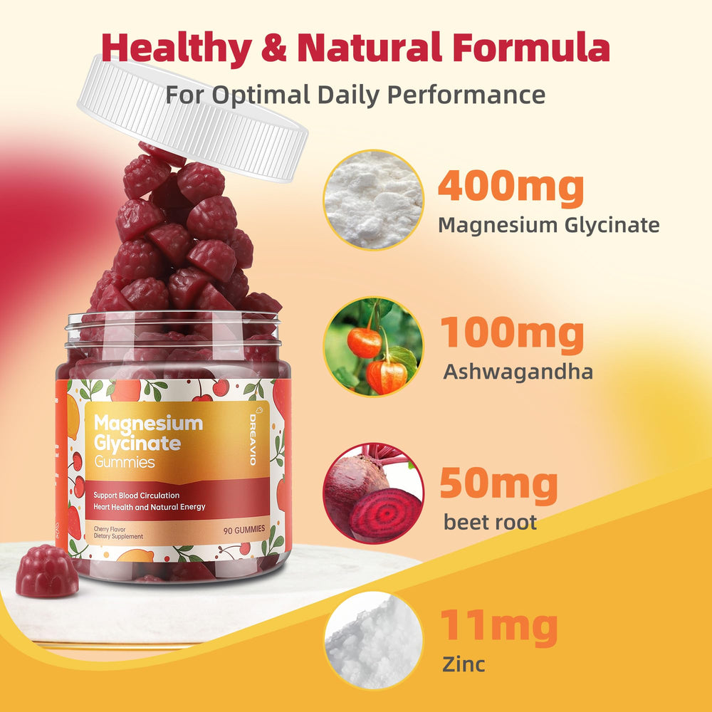 DREAVIO gummies label closeup highlighting magnesium, ashwagandha, and natural ingredients.