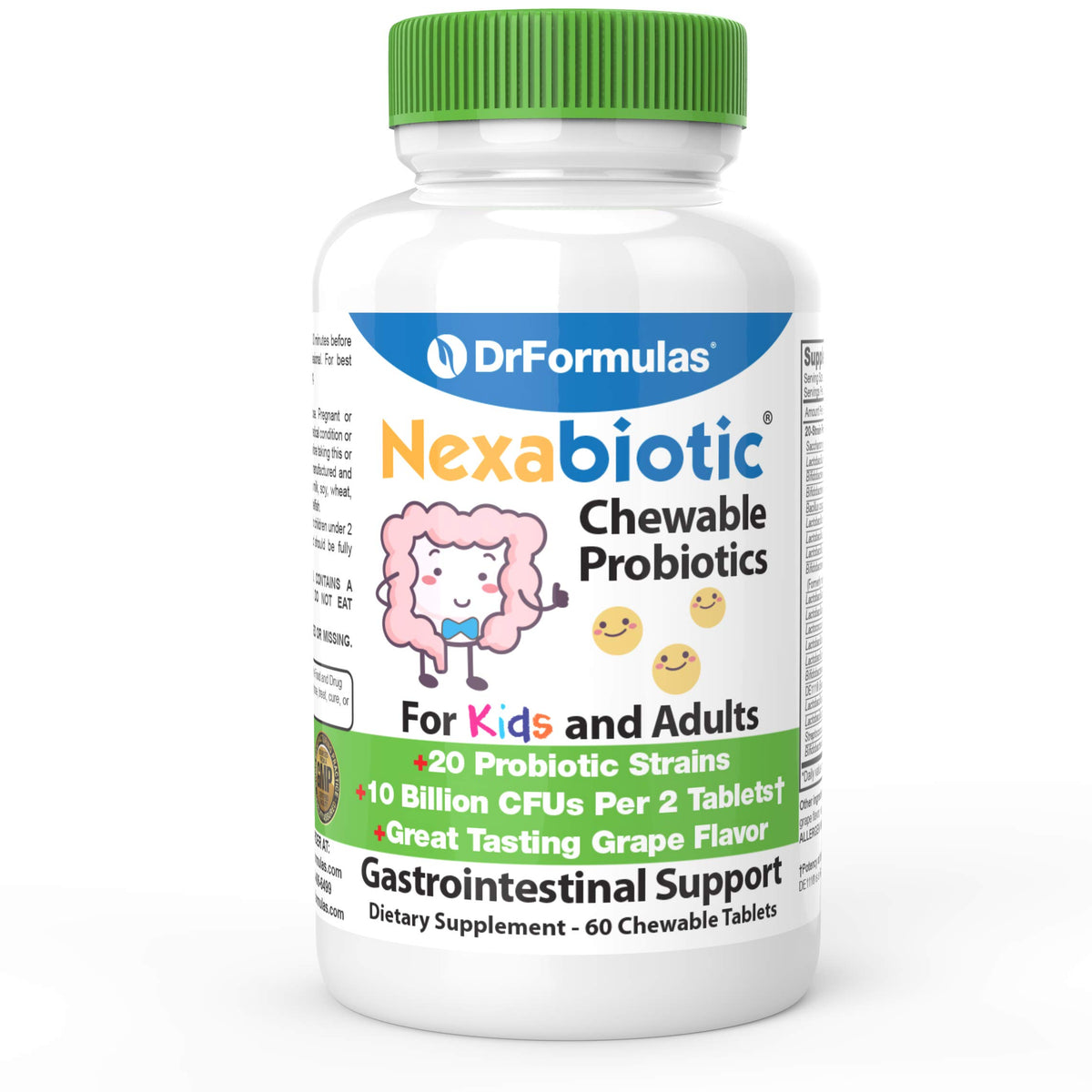 DrFormulas chewable probiotics with 20 strains for oral and gut wellness.
