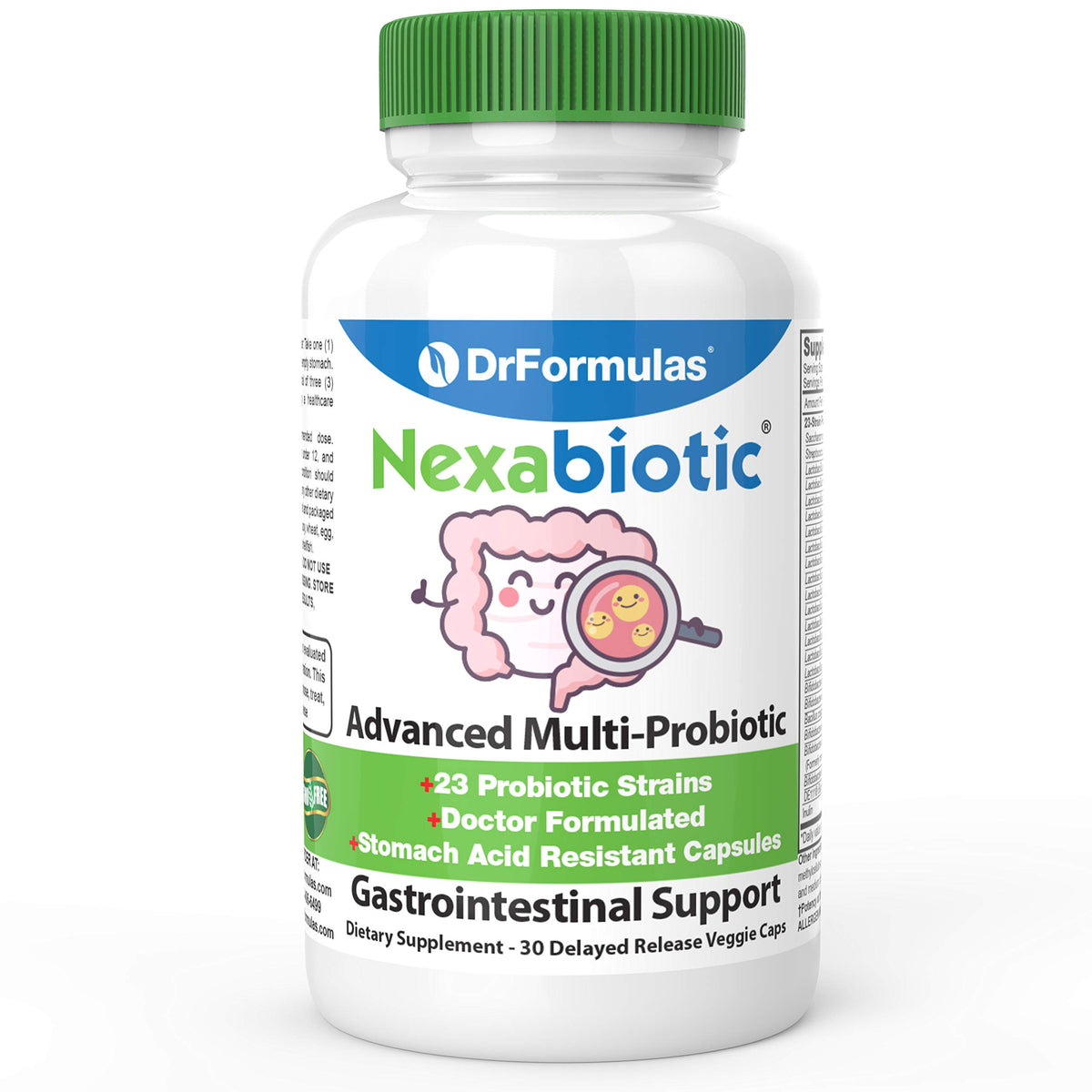 DrFormulas Nexabiotic 23 bottle and label showing probiotic blend for gut balance.