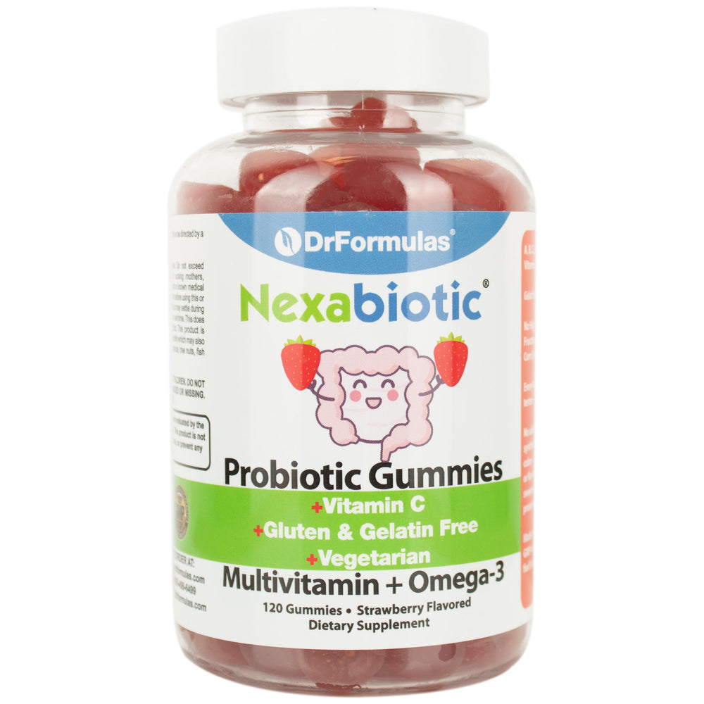 DrFormulas Nexabiotic gummies bottle showing halal vegetarian multivitamins with probiotics for daily support