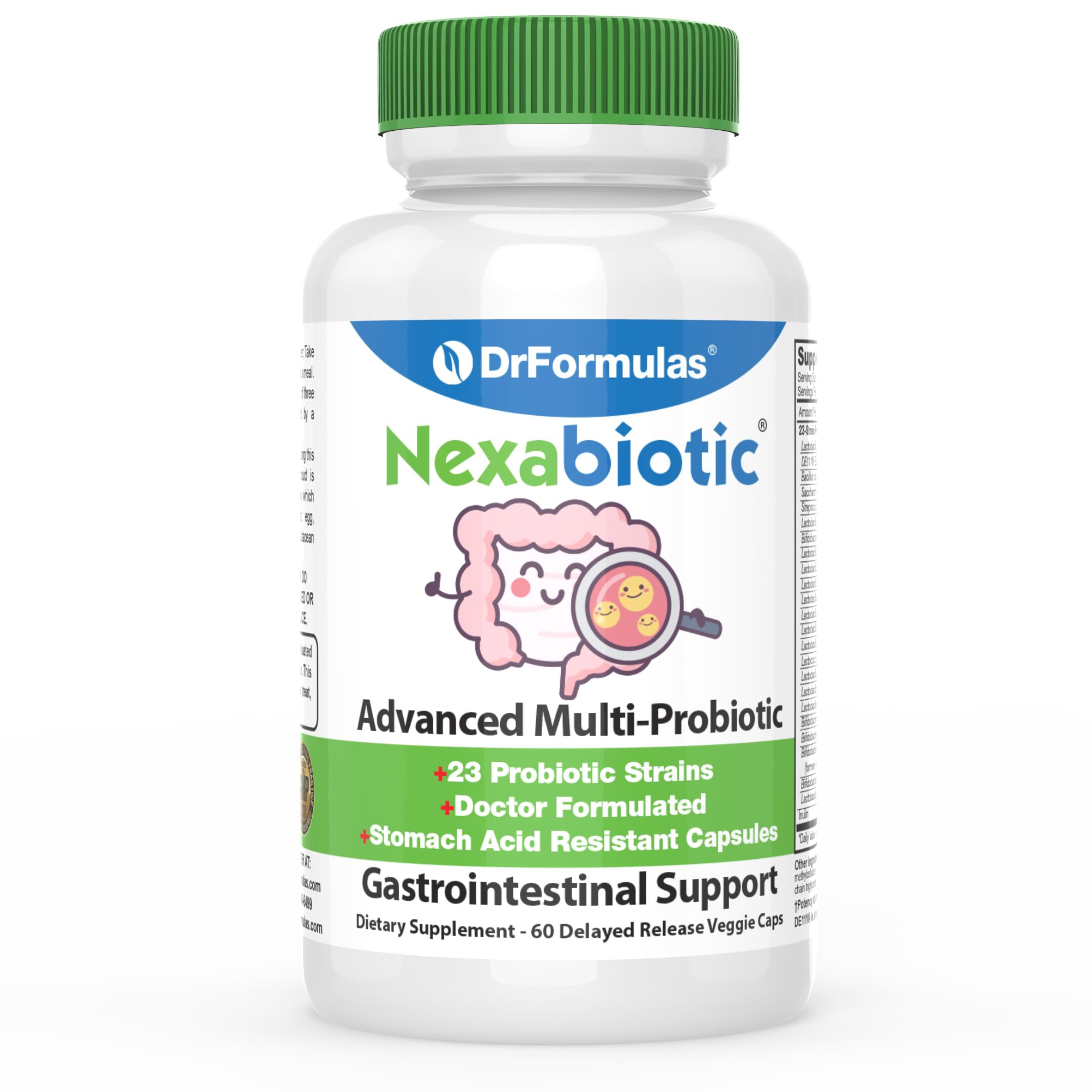 DrFormulas Nexabiotic multi-probiotic bottle showing a 23-strain blend for daily gut balance