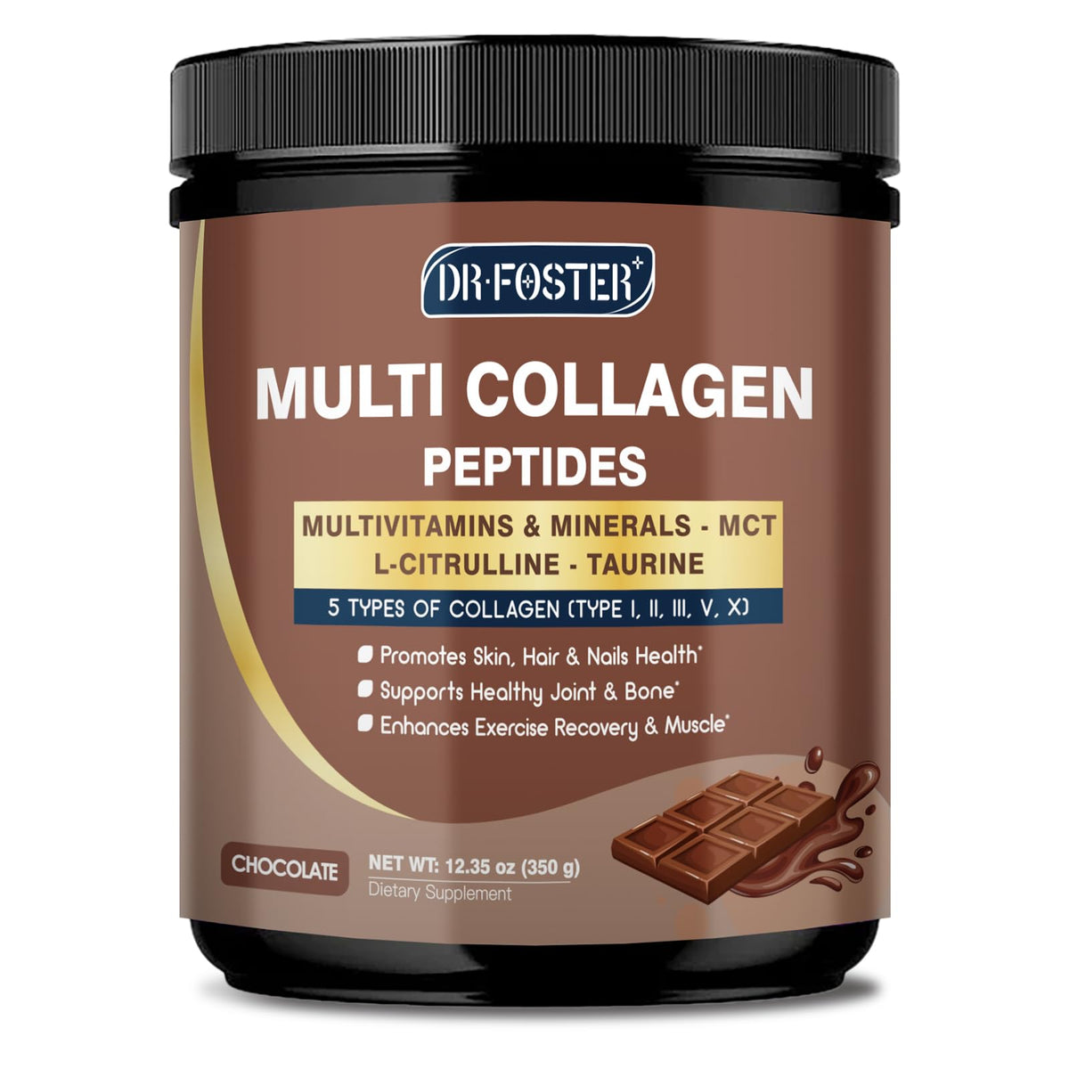 DRFOSTER chocolate collagen peptides powder tub on counter for daily use
