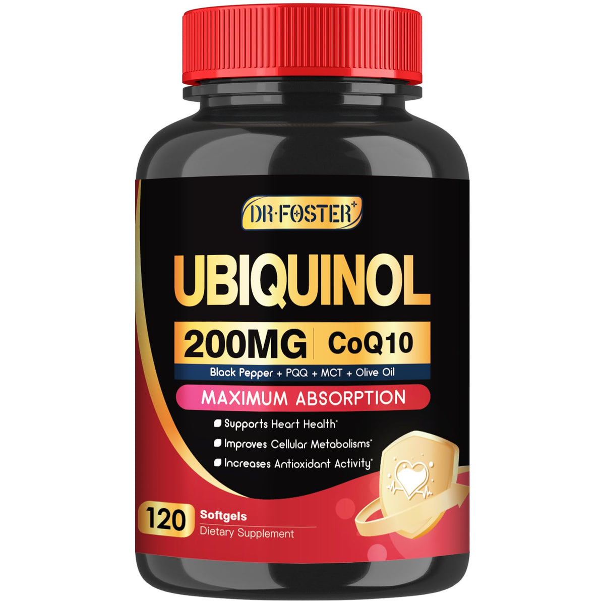 DRFOSTER CoQ10 bottle front view highlighting 200 mg ubiquinol softgels for daily energy