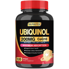 DRFOSTER CoQ10 bottle front view highlighting 200 mg ubiquinol softgels for daily energy