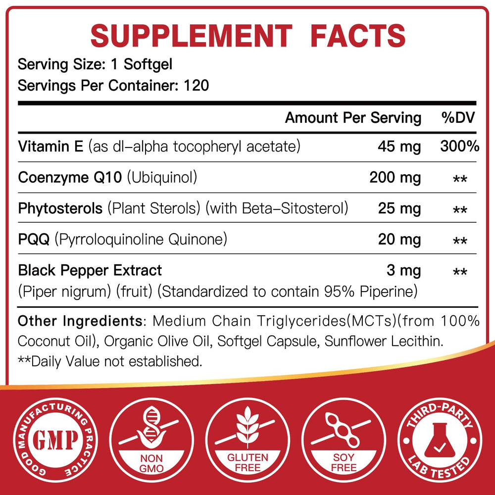 DRFOSTER CoQ10 bottle label close-up showing Vitamin E and PQQ components