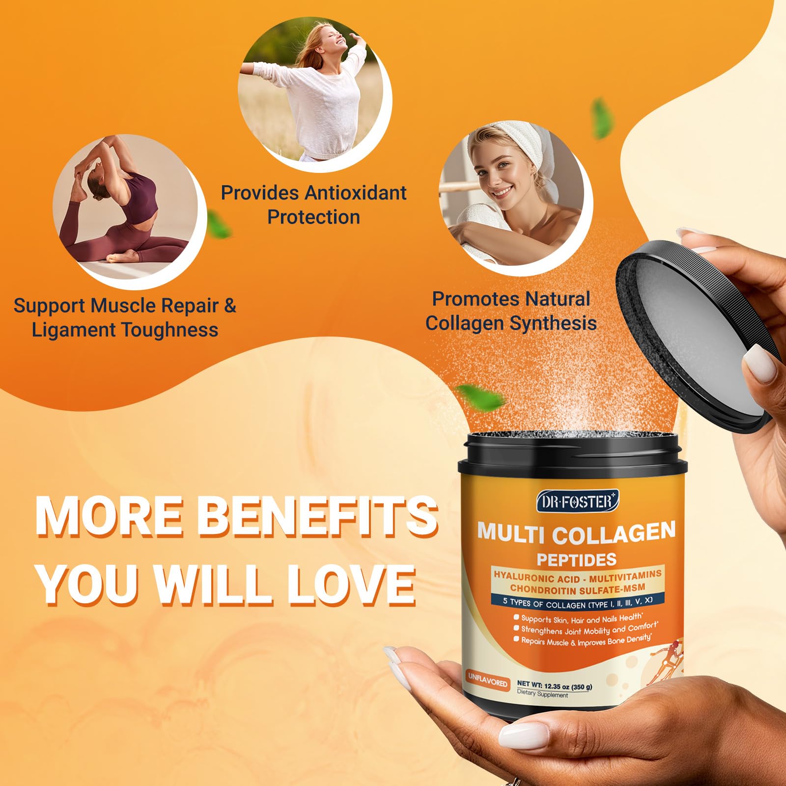 DRFOSTER collagen powder jar close-up emphasizing quality packaging