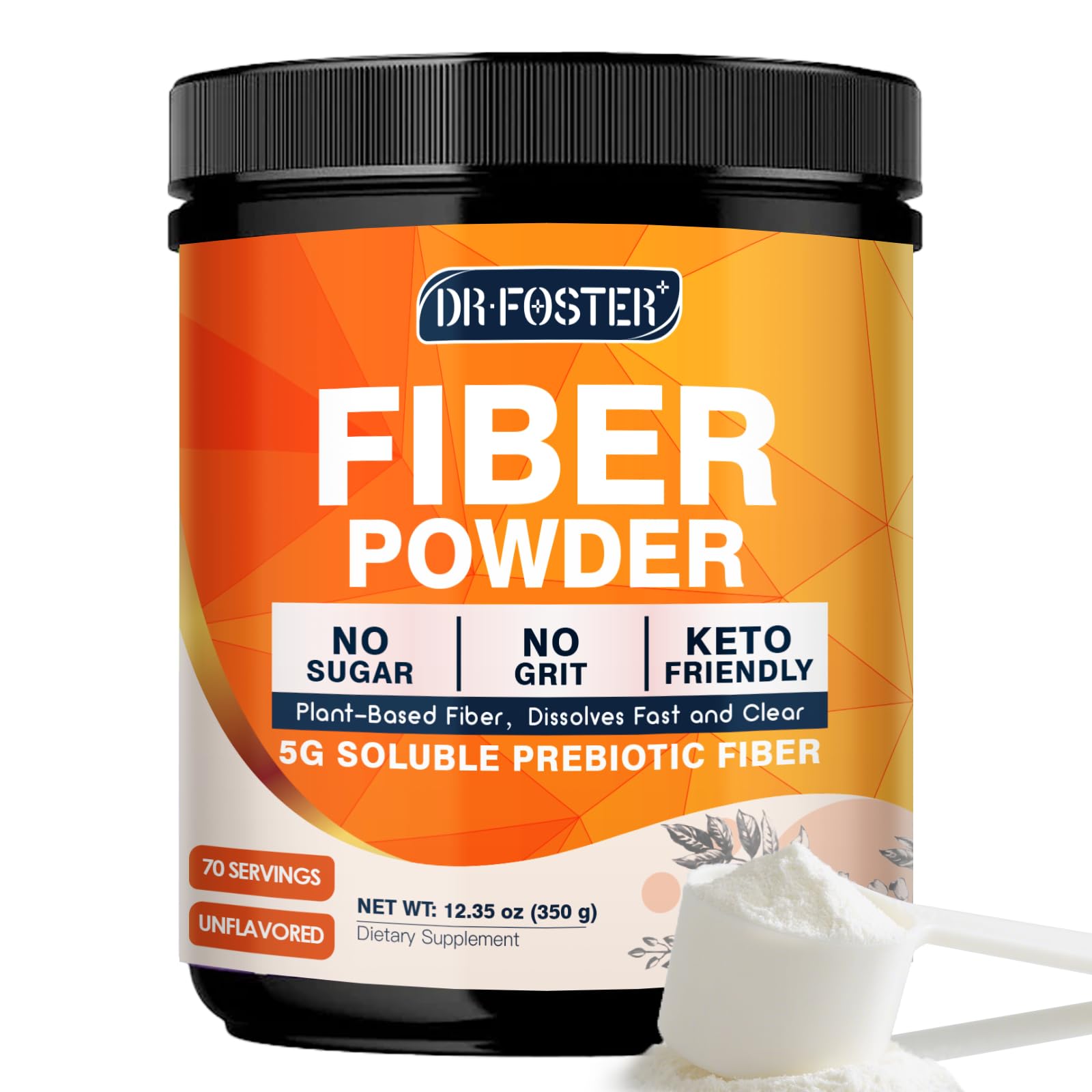 DRFOSTER prebiotic fiber powder bottle showing 70 servings for daily use
