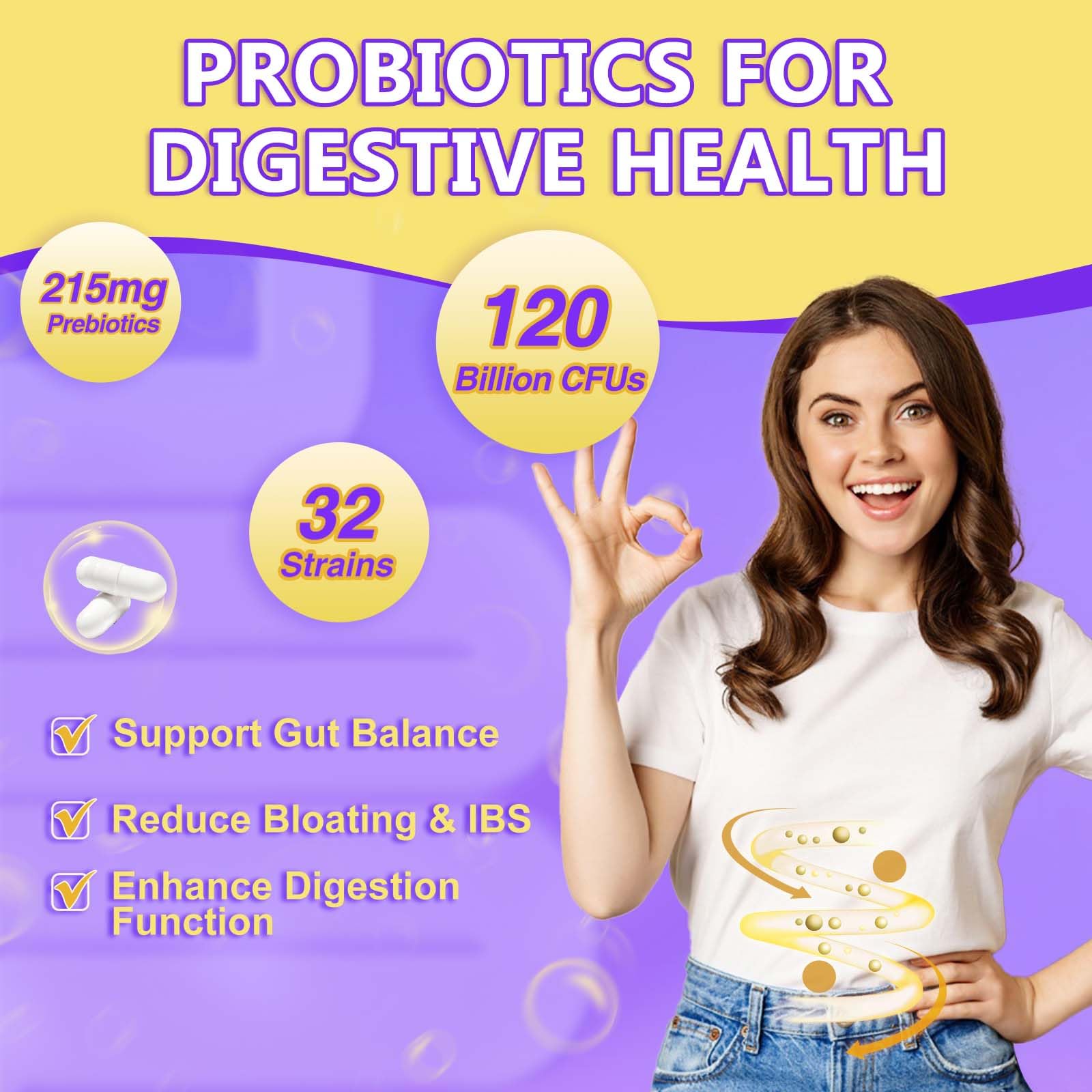 DRFOSTER 32-strain probiotic graphic illustrating diverse gut health benefits.