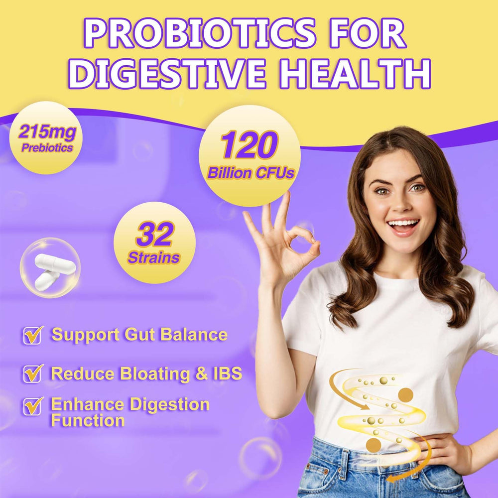 DRFOSTER 32-strain probiotic graphic illustrating diverse gut health benefits.