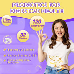 DRFOSTER 32-strain probiotic graphic illustrating diverse gut health benefits.