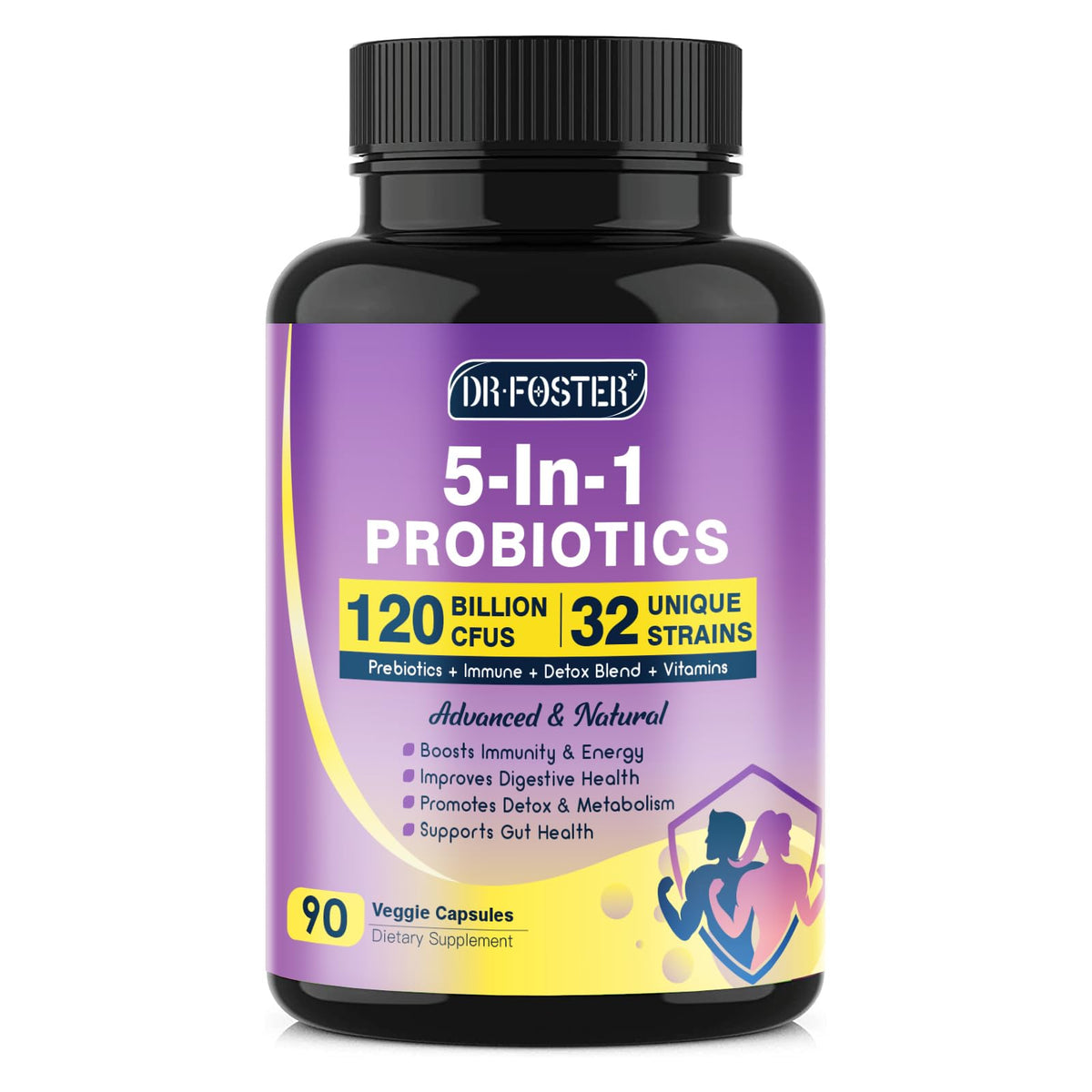 DRFOSTER probiotics bottle with 60B CFU capsules for daily gut support.