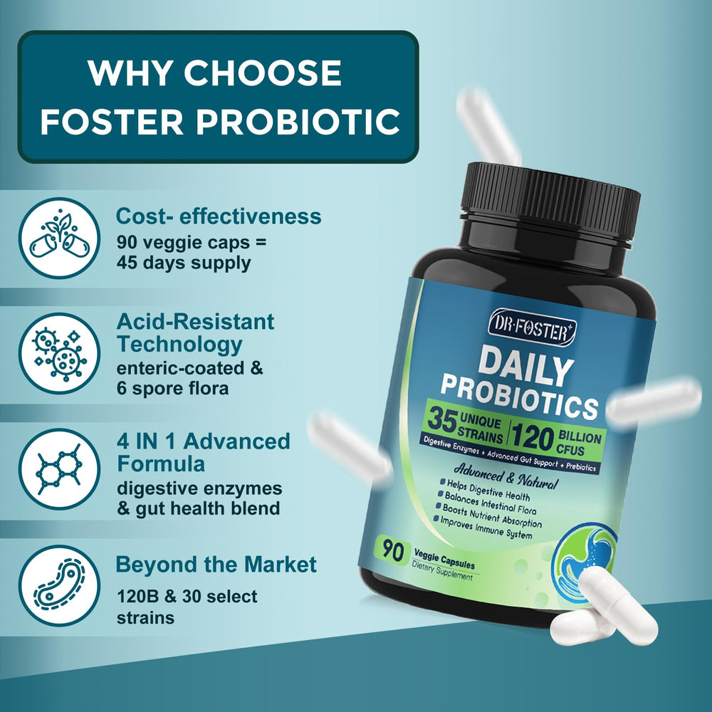DRFOSTER Probiotics capsules closeup shows enteric-coated design for targeted release.