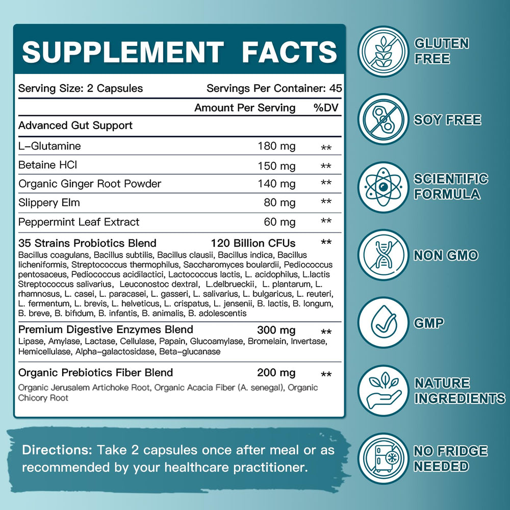 DRFOSTER Probiotics packaging notes peppermint and L-glutamine for immune support.