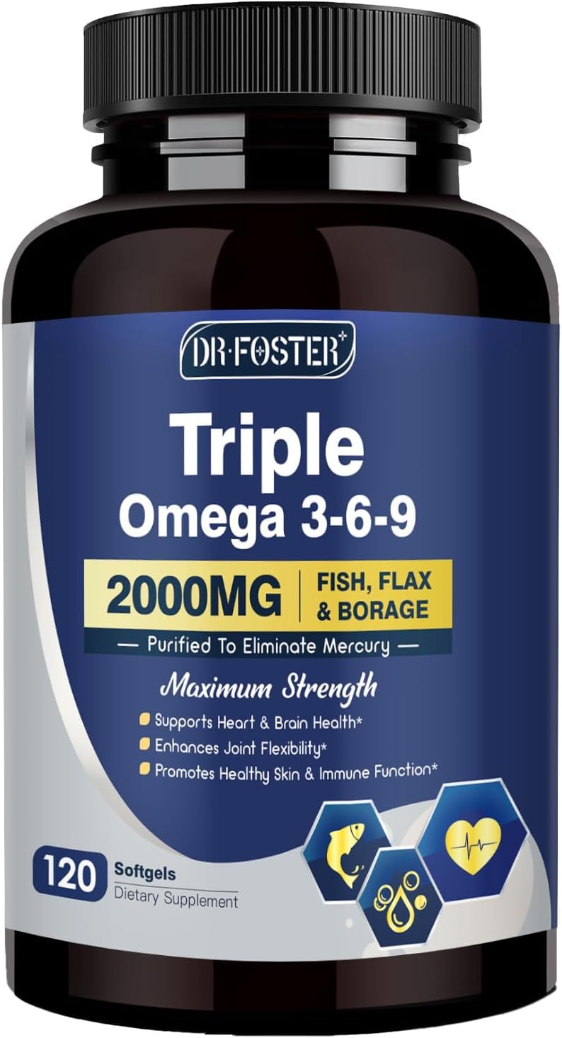 DRFOSTER Triple Omega bottle front highlighting the balanced fatty acids blend for daily wellness