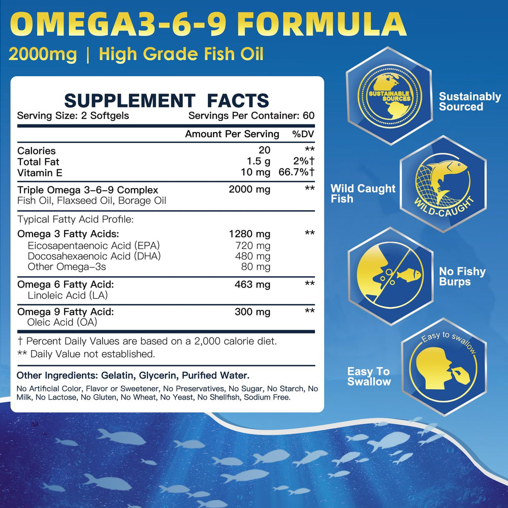 DRFOSTER Triple Omega 3-6-9 bottle label showing ingredients and non-GMO claim
