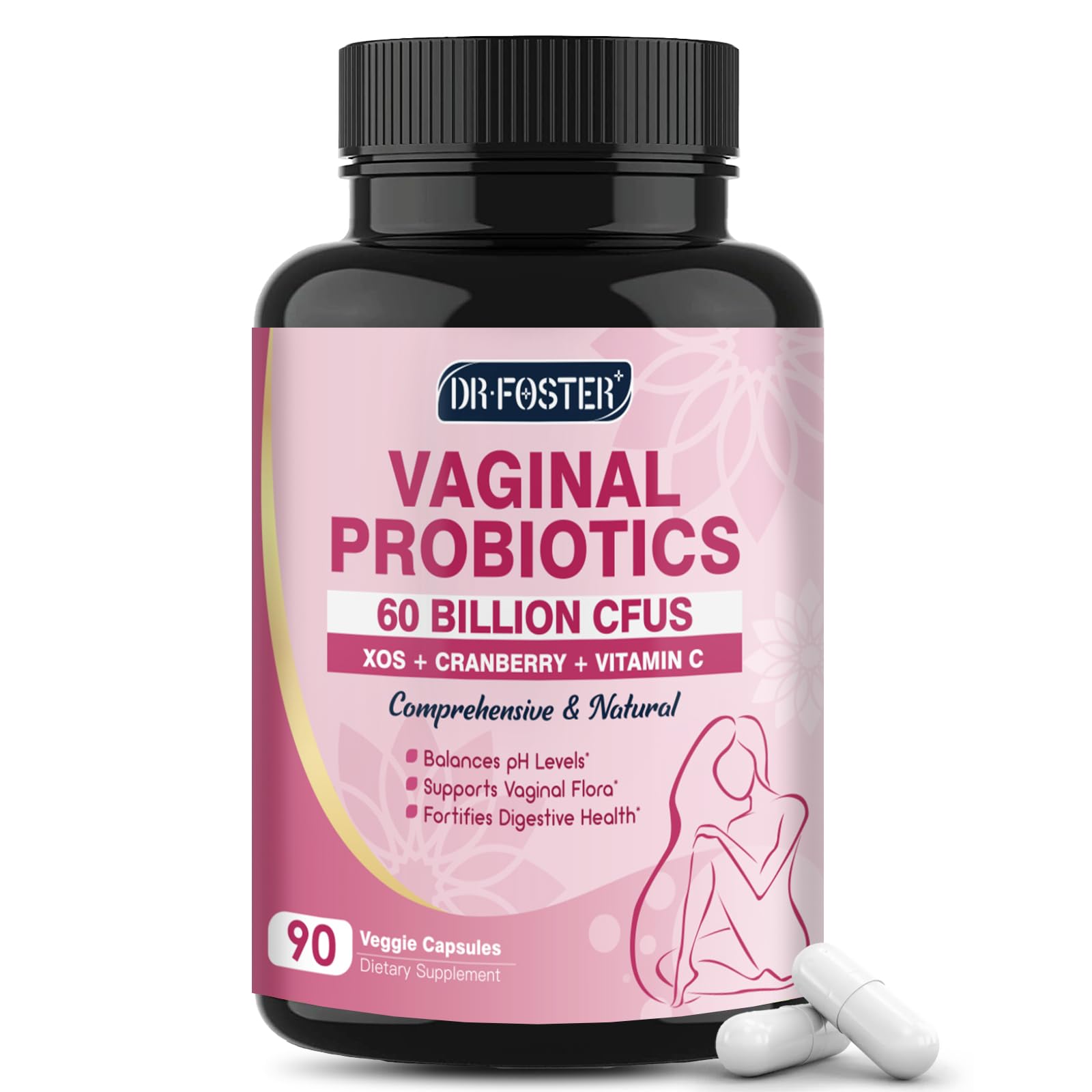 DRFOSTER Vaginal Probiotics bottle shows shelf-stable, travel-ready packaging for balance.