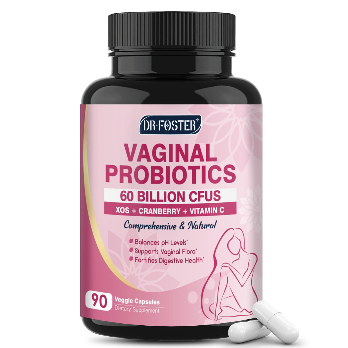 DRFOSTER Vaginal Probiotics bottle shows shelf-stable, travel-ready packaging for balance.