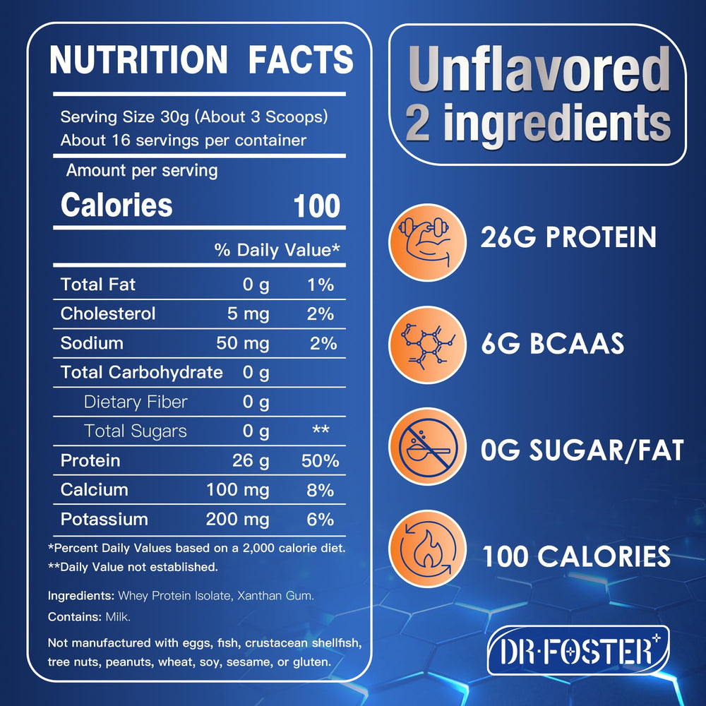 DRFOSTER Whey Isolate label close-up showing 26g protein and BCAAs.